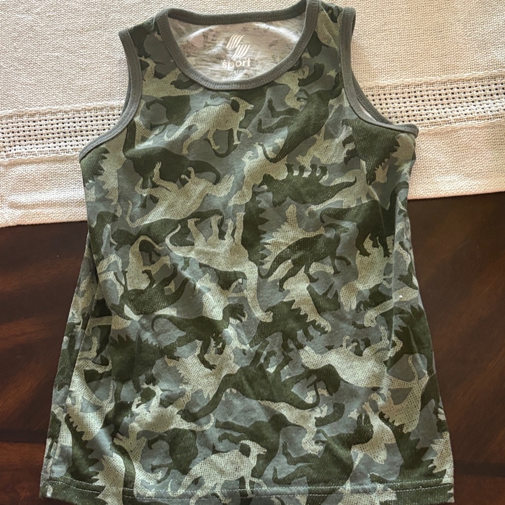 Sporto Kids Tank Top with Dinosaur Camo - Olive and Gray